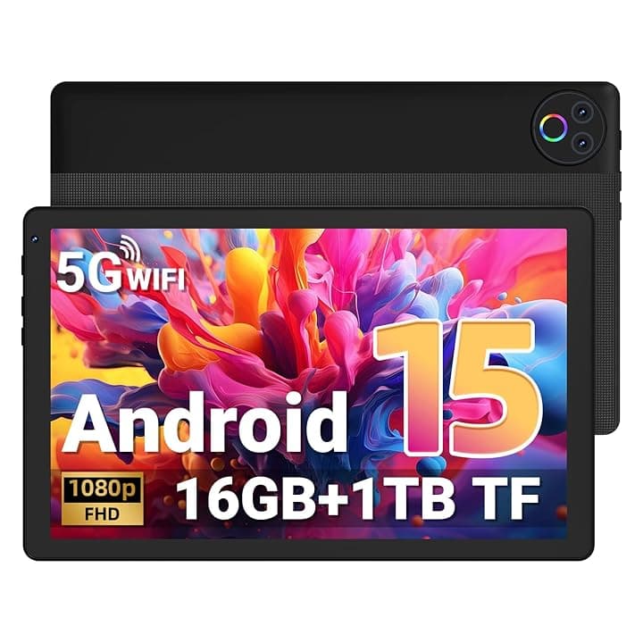 Gleeso Tablet 10 Pollici, Android 15 Tablet con 16GB RAM 1TB TF, 1332 * 800 FHD Android Tablet con Sblocco Facciale, Widevine L1, Bluetooth 5.4 / WiFi 5G, 5MP Fotocamera, Tablet PC OTG - Nero