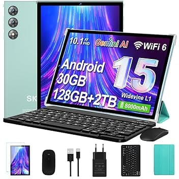 Tablet 10 Pollici Android 15 con Gemini AI, 30GB RAM 128GB+2TB Esp., Octa-Core, WiFi 6 BT 5.0, Widevine L1, Batteria 8000mAh, Fotocamera 8/5 MP, Tastiera Mouse Custodia, Corpo in Metallo - Verde