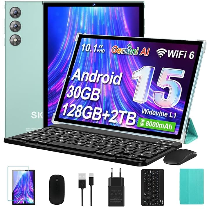 Tablet 10 Pollici Android 15 con Gemini AI, 30GB RAM 128GB+2TB Esp., Octa-Core, WiFi 6 BT 5.0, Widevine L1, Batteria 8000mAh, Fotocamera 8/5 MP, Tastiera Mouse Custodia, Corpo in Metallo - Verde