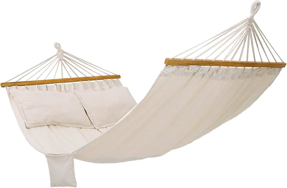 SONGMICS Amaca, Letto Dondolo da Esterno con 2 Cuscini, Barre di Legno, Capacità di Carico 300 kg, 122 x 14.5 x 14.5 cm, Beige GDC22M