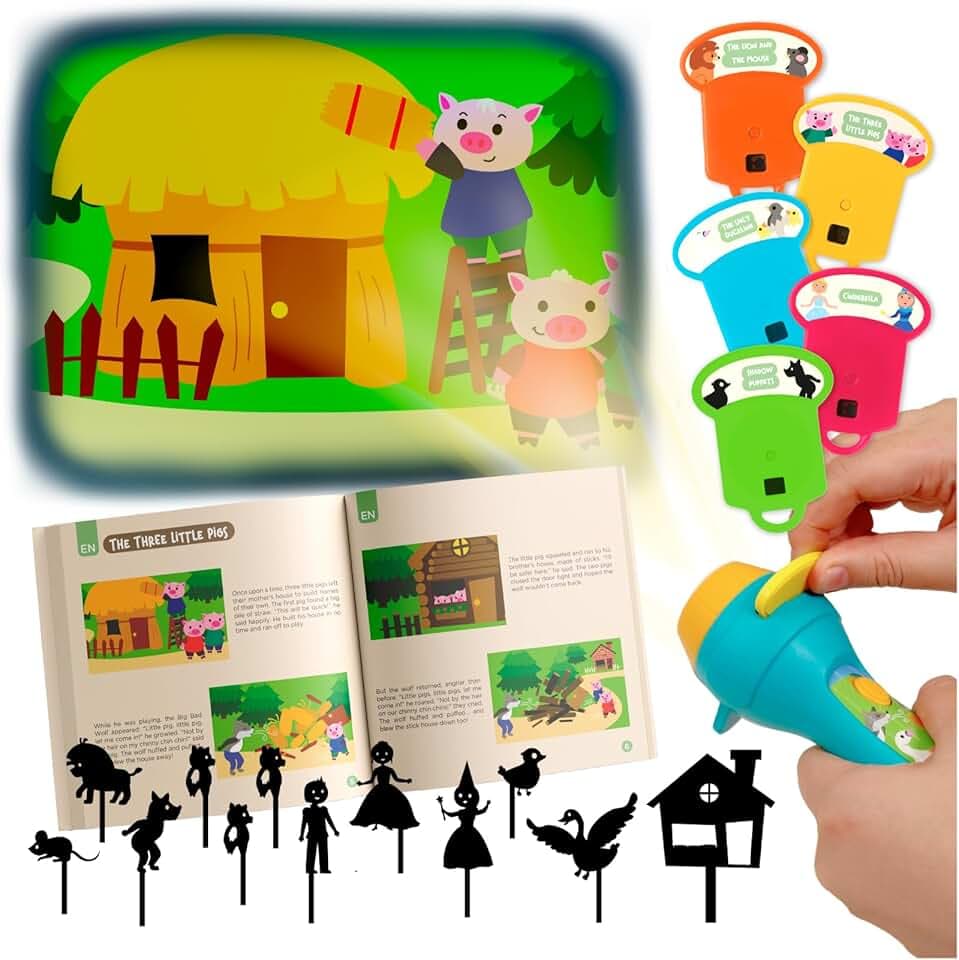 Nene Toys Libro di Fiabe con Proiettore a Torcia & Marionette delle Ombre per Bambini dai 3 Anni in su – 4 Storie Classiche in 5 Lingue, Set per la Lettura della Buonanotte