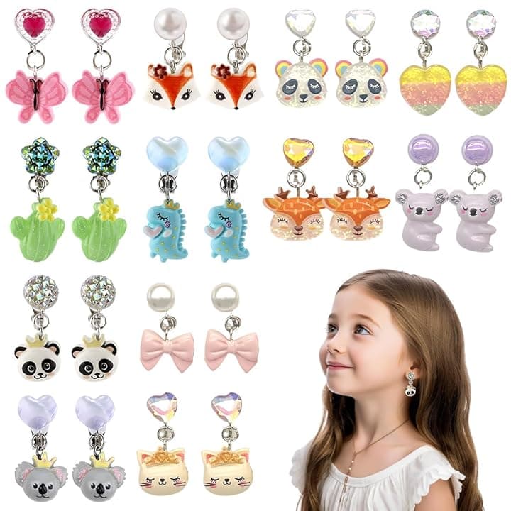ZILZUFA Orecchini a Clip per Ragazze, 12 Paia di Orecchini Animali in Resina Non Allergici, Accessori per Gioielli da Principessa per Ragazze