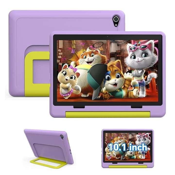 Tablet Bambini 10 Pollici Android 15 Octa-Core 20 GB RAM 64 GB ROM (TF 1TB) WiFi 6 Tablets Controllo Parentale 1280x800 Doppia Fotocamera 5MP+8MP 5000 mAh Custodia Protettiva 3 Adesivi DIY (Viola)