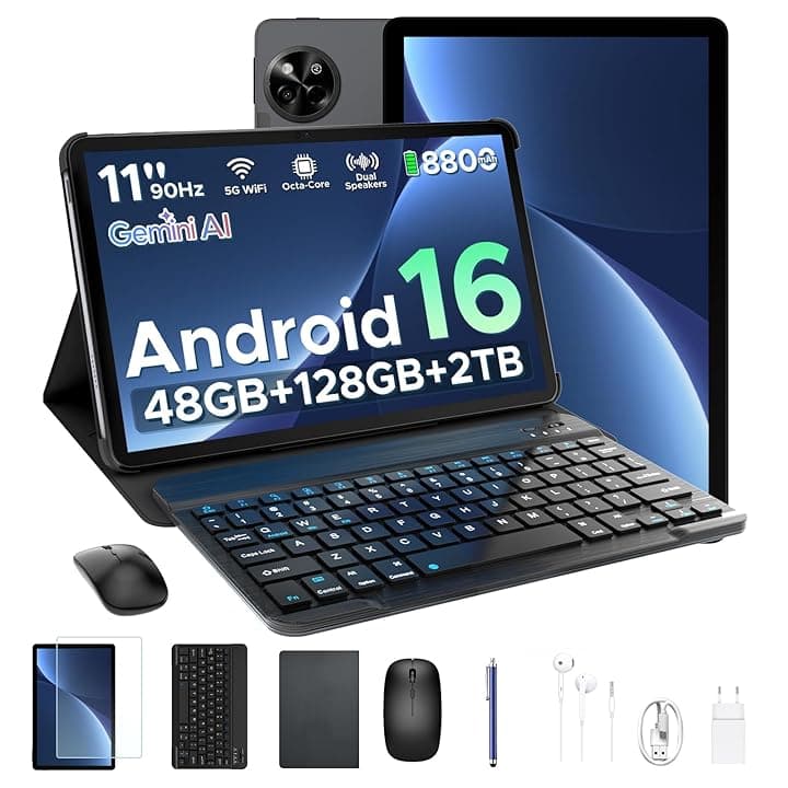 P11 Android 16 Tablet 11 Pollici, 48GB RAM+128GB ROM (2TB TF), 90Hz, T7250 Octa-Core, 8800mAh, 13MP+5MP, Gemini AI, Widevine L1, Face ID, GPS, FM, Tablets con Tastiera e Penna, Nero