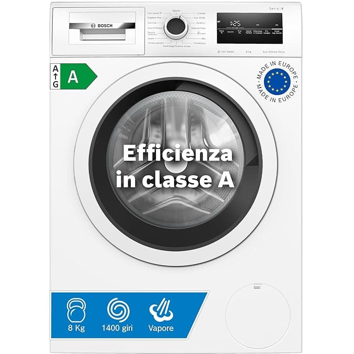Bosch WAN28208II Serie 4 Lavatrice a carica frontale, 8 kg, 1400 giri, Classe energetica A, motore inverter con 10 anni di garanzia, riduce le pieghe e facilita la stiratura, Bianco, 60 Cm Etichetta Energetica