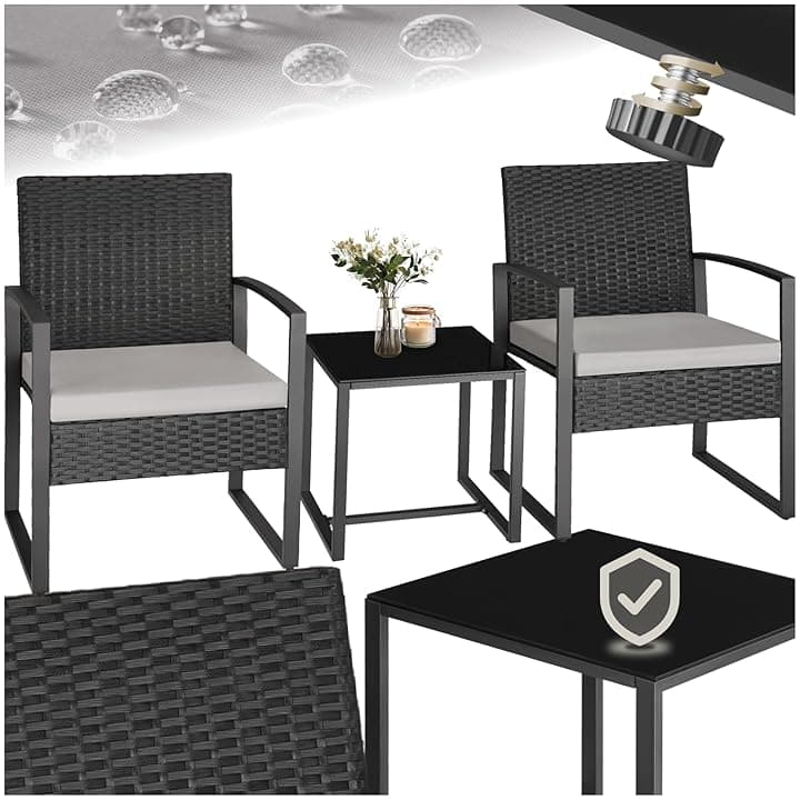 tectake® Salottino da Esterno in Rattan Granada, Set Giardino con Tavolino Salotto, Lastra in Vetro, Set Sedie, Comode Imbottiture, Regolabile, Resistente ai Raggi UV