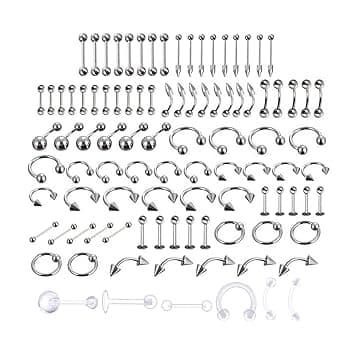 LuLyL 92 pezzi di perforazione (92 pezzi), 16 stili di acciaio inossidabile 316L, 6 pezzi di anelli per ombelico trasparenti per corpo, lingua, naso, orecchie, labbra, 91 unità (set di 1), acciaio