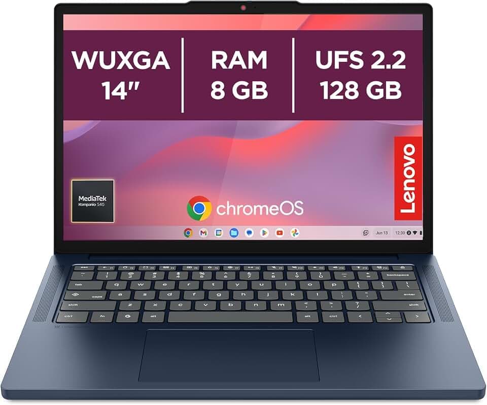 Lenovo Chromebook 14" Notebook IPS WUXGA (1920x1200), 128GB SSD, 8GB RAM, Wi-Fi6E, ChromeOS, MediaTek Kompanio 540 - Laptop Leggero per Studio, Streaming e Uso Quotidiano - Caricatore non incluso TCO Certified