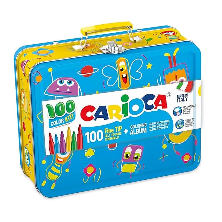 CARIOCA Set Creativo 100 Pennarelli Punta Fine Lavabili con Album da Colorare A4 e Astuccio Metallo Blu, per Bambini e Regalo