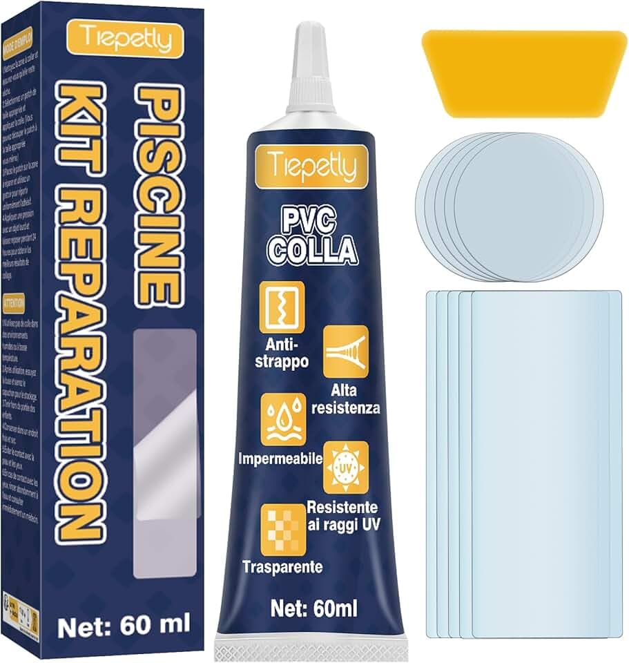 Kit Riparazione Materassino Gonfiabile con Colla PVC Alta Resistenza Impermeabile e Flessibile, Toppe Trasparenti Anti Perdite per Piscina, Gommoni, Kayak, Spa, Uso Interno Esterno, Riparazioni Rapide