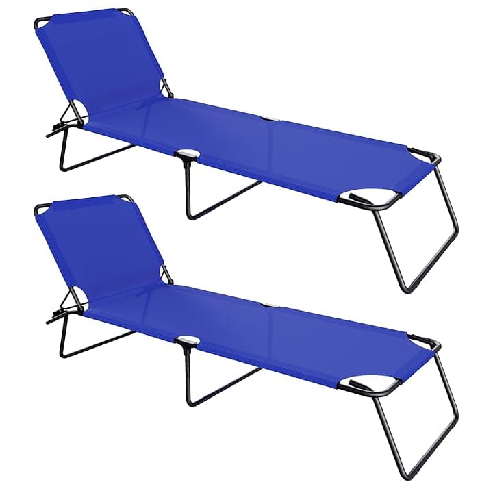 Coppia Di Lettini Pieghevoli Prendisole Senza Tettuccio Parasole Schienale Reclinabile Regolabile Struttura In Metallo Nero Sedia Sdraio Per Spiaggia Mare Giardino Piscina 187x53x24 Cm (Blu)