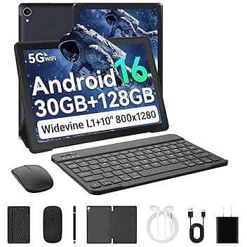 Android 16 Tablet 10 Pollici, 30GB RAM+128GB ROM, Octa Core 2.0GHz /WiFi 6+2.4G/GMS/6000mAh/Bluetooth 5.4/Widevine L1/8MP+5MP/Tablet 2 in 1 con Tastiera, Mouse, Cuffie, Penna e Custodia