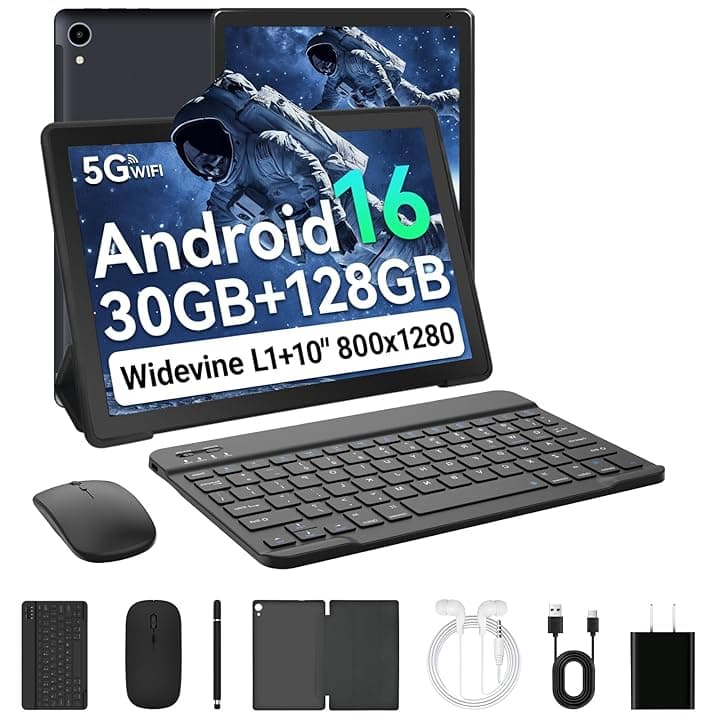 Android 16 Tablet 10 Pollici, 30GB RAM+128GB ROM, Octa Core 2.0GHz /WiFi 6+2.4G/GMS/6000mAh/Bluetooth 5.4/Widevine L1/8MP+5MP/Tablet 2 in 1 con Tastiera, Mouse, Cuffie, Penna e Custodia