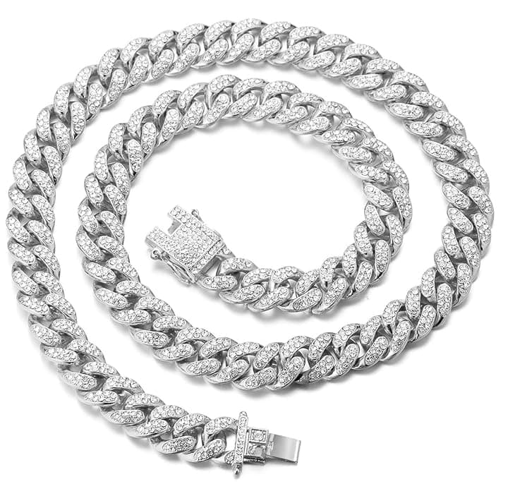 HALUKAKAH Diamante Catena Cubana per Ragazzo,14MM Ragazzi Oro Reale 18k /Platino Placcato in Oro Bianco Collana Braccialetto Diamanti da Laboratorio Set a Mano 8-15 Y/O.con Pacco Regalo Gratuita