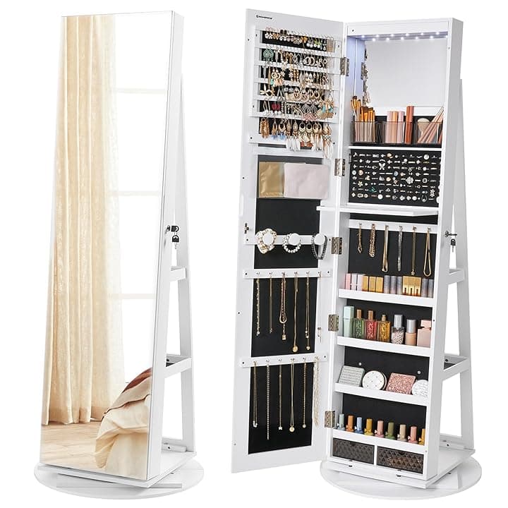 SONGMICS SONGMICS Specchio Portagioie con 6 Luci a LED e Chiusura, Armadietto Portagioie Girevole a 360° Specchio a Figura Intera senza Cornice, 3 Ripiani, Superficie Bianca, Fodera Nera JJC007W01 The Forest Stewardship Council