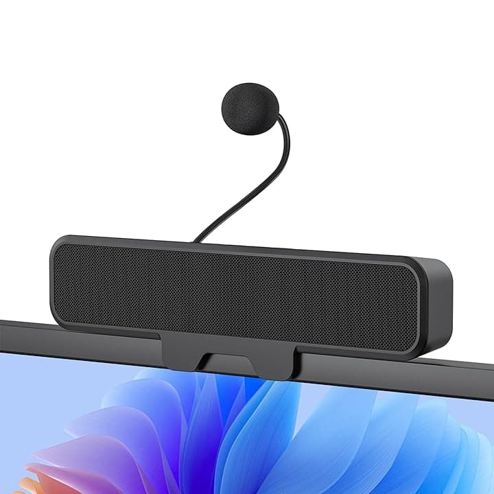Inwa Altoparlante per PC, altoparlante USB con microfono, stereo e basso, spegnimento muto a un pulsante, clip plug and play per monitor PC, desktop, laptop e Mac (nero)