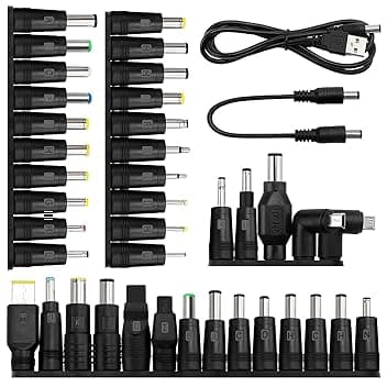 39 Pezzi Adattatore di Alimentazione DC Universale, KUOQIY 5.5x2.1 mm Femmina a Maschio Adattatore Jack Connettore, DC Barrel Connettore Tips con 2 Pezzi Cavo, per Ventilatori, Router