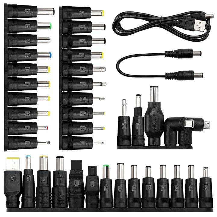 39 Pezzi Adattatore di Alimentazione DC Universale, KUOQIY 5.5x2.1 mm Femmina a Maschio Adattatore Jack Connettore, DC Barrel Connettore Tips con 2 Pezzi Cavo, per Ventilatori, Router