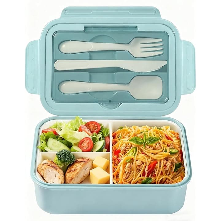 Diboniur Porta Pranzo, 1400ml Lunch Box con Posate, Schiscetta Pranzo Bambino Adulto Bento Box con 3 Scomparti, Schiscetta Contenitore Ermetico per Microonde Ufficio Lavoro Picnic (Azzurro)