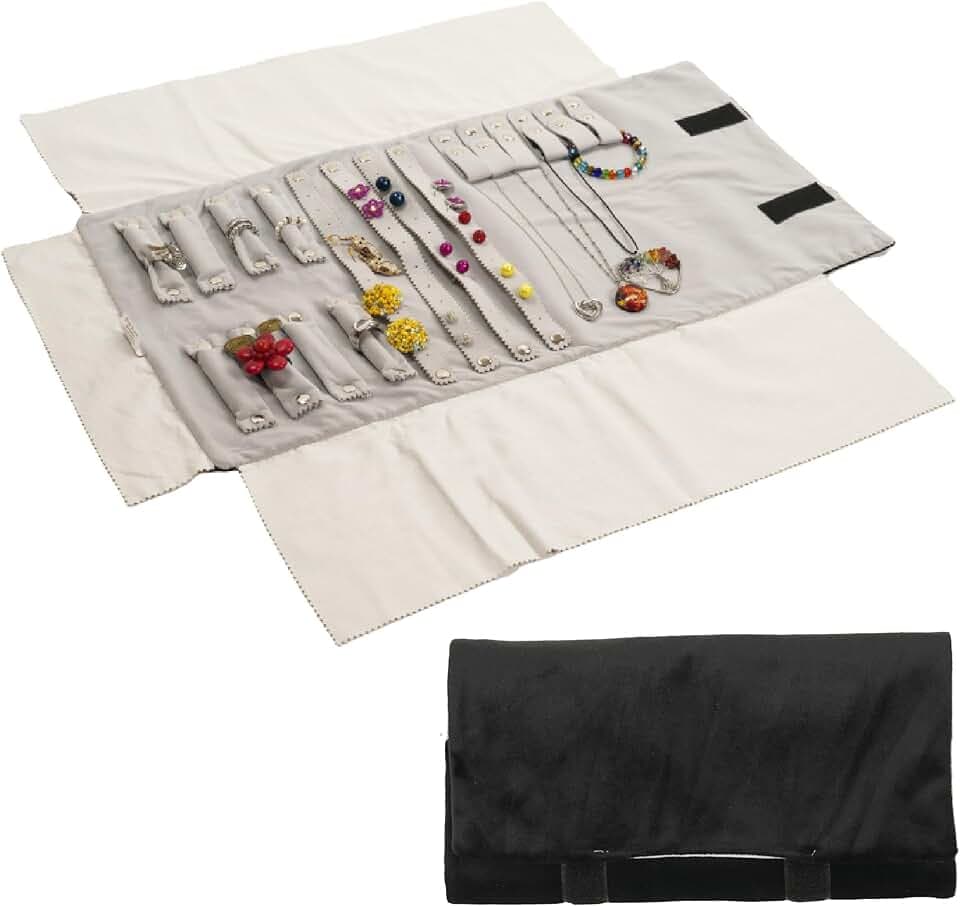 FS-Dream FS-Dream Rotolo Portagioielli in Morbido Velluto Capiente e Compatto - Portagioie Donna da Viaggio con più di 50 Slot per Anelli, Collane, Orecchini e Braccialetti (Nero/Grigio)