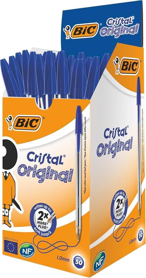 BIC Penne Blu a Sfera, Cristal Original, Punta Media, 1 mm, Confezione 50 Penne, Fornitura per Cancelleria Scuola e Ufficio