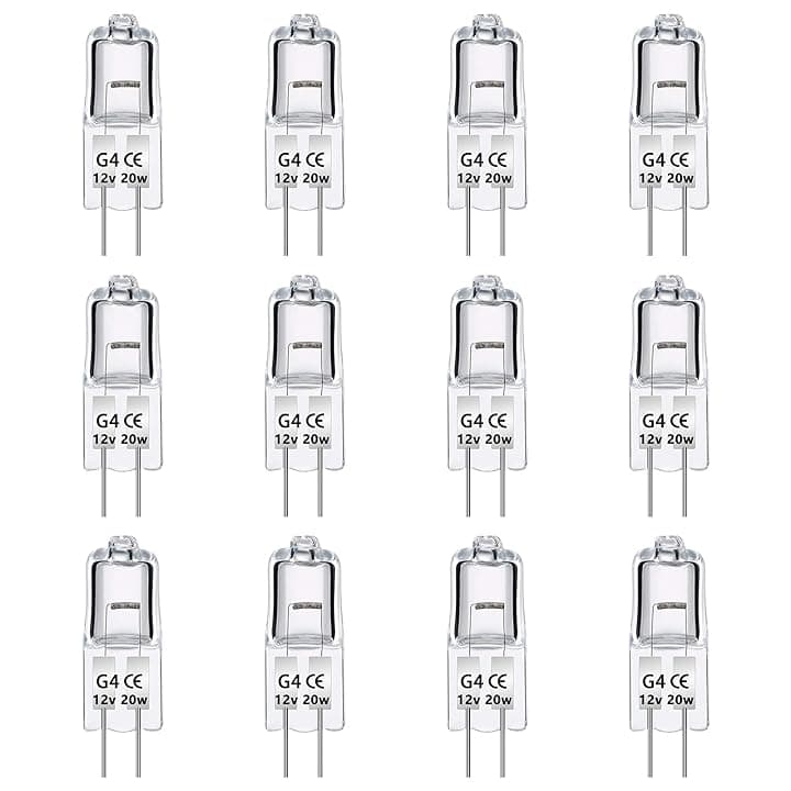Caldarax 12 Pezzi Lampadina Alogena G4 20W 12V Dimmerabile, 280LM, Bianco Caldo 2700K, Lampadine G4 Alogene Bi-Pin Base Capsula, Trasparente, per Lampadine Cappa Cucina, Lampadario