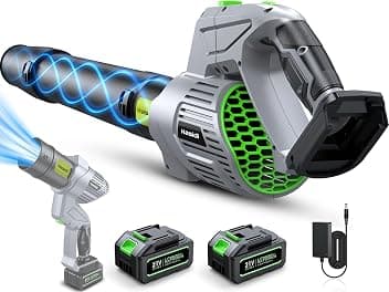 Soffiatore a Batteria, 990.000 RPM, Motore Brushless, Soffiatore Foglie Elettrico Completo di 2 Batterie, Caricabatterie e 2 Ugelli, 5 Velocità Regolabili, per Giardino, Patio, Auto e Rimozione Neve