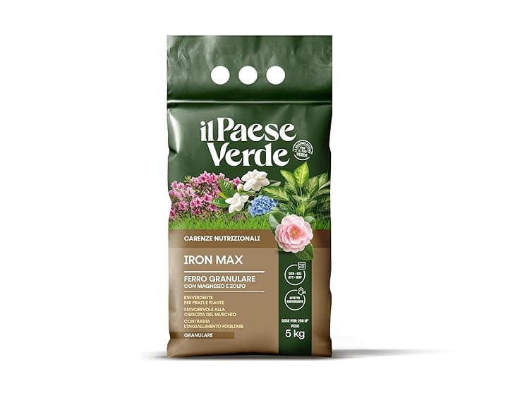 Il Paese Verde Iron Max - Solfato Di Ferro Granulare Antimuschio Per Prato E Rinverdente Per Piante Con Azione Acidificante Terreno, Concime Prato Granulare Ricco Di Ferro, Magnesio E Zolfo - 5KG