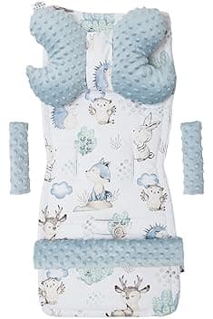 Medi Partners Riduttore Passeggino Universale Materassino Copri Neonato Cuscino - 5 elementi 78x35cm Copripasseggino Estivo per Neonati Cotone Minky (Cervo e Riccio con Minky celeste)