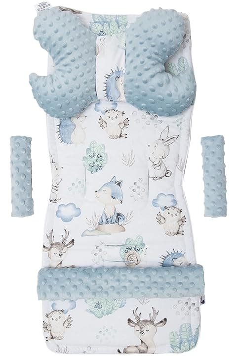 Medi Partners Riduttore Passeggino Universale Materassino Copri Neonato Cuscino - 5 elementi 78x35cm Copripasseggino Estivo per Neonati Cotone Minky (Cervo e Riccio con Minky celeste)
