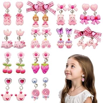 ZILZUFA Orecchini a Clip per Ragazze, 12 Paia di Orecchini a Clip per Ragazze, Orecchini in Resina Non Allergici, Accessori per Gioielli da Principessa per Ragazze, Rosso rosa Fiocco Bambine