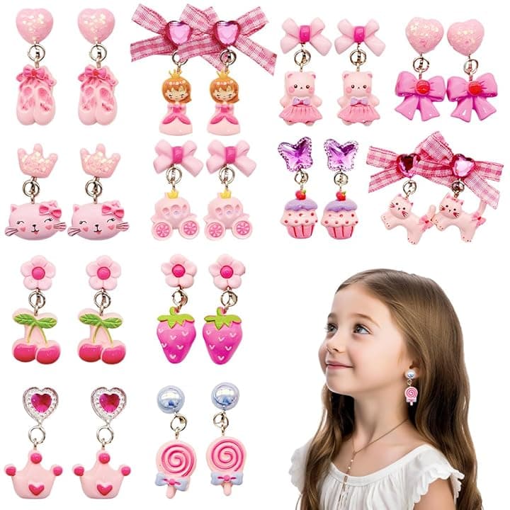 ZILZUFA Orecchini a Clip per Ragazze, 12 Paia di Orecchini a Clip per Ragazze, Orecchini in Resina Non Allergici, Accessori per Gioielli da Principessa per Ragazze, Rosso rosa Fiocco Bambine