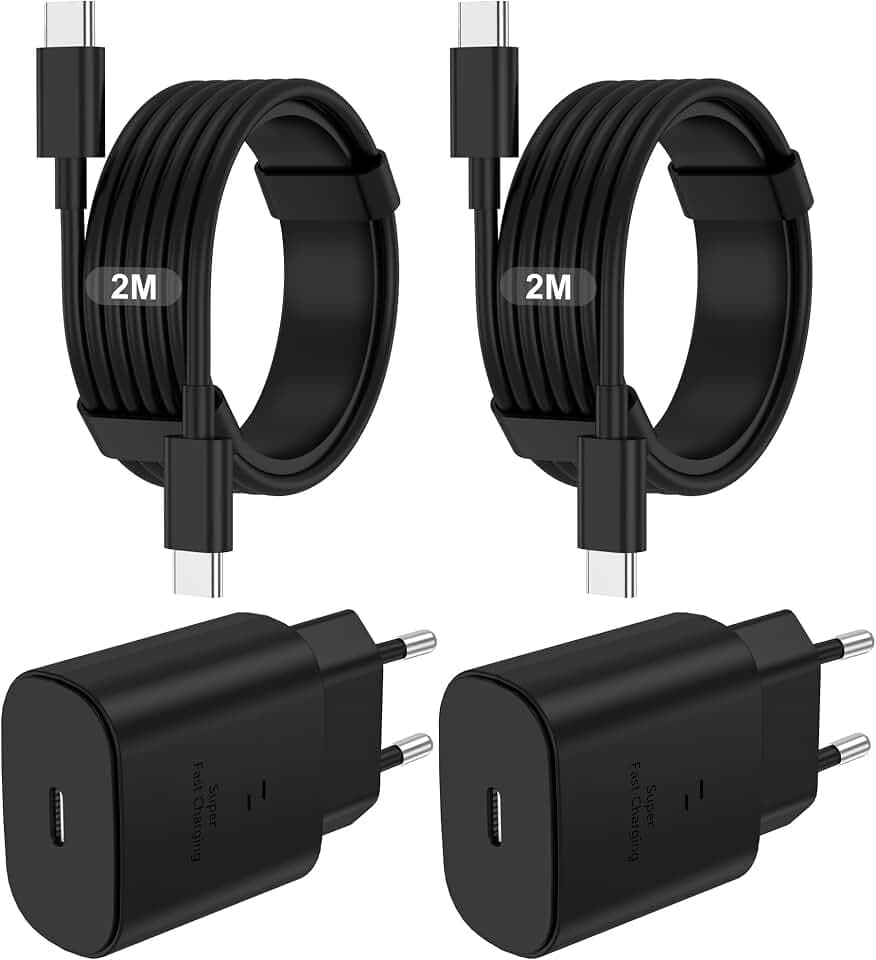 Caricabatterie Per Samsung Rapido,2 Pack Caricatore USB C da 25W per Cellulare,2 Cavi USB-C da 2M,Alimentatore con Presa compatibile Per Samsung Galaxy S26/S25/S24/S23/S22/S21/+/Ultra/A73/Adattatore