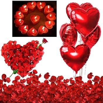 Kit Romantico di 50 Candeline a Forma di Cuore + 1000 Petali di Rosa di Seta + 5 Palloncini Rossi - Decorazioni per Matrimonio, San Valentino e Fidanzamento