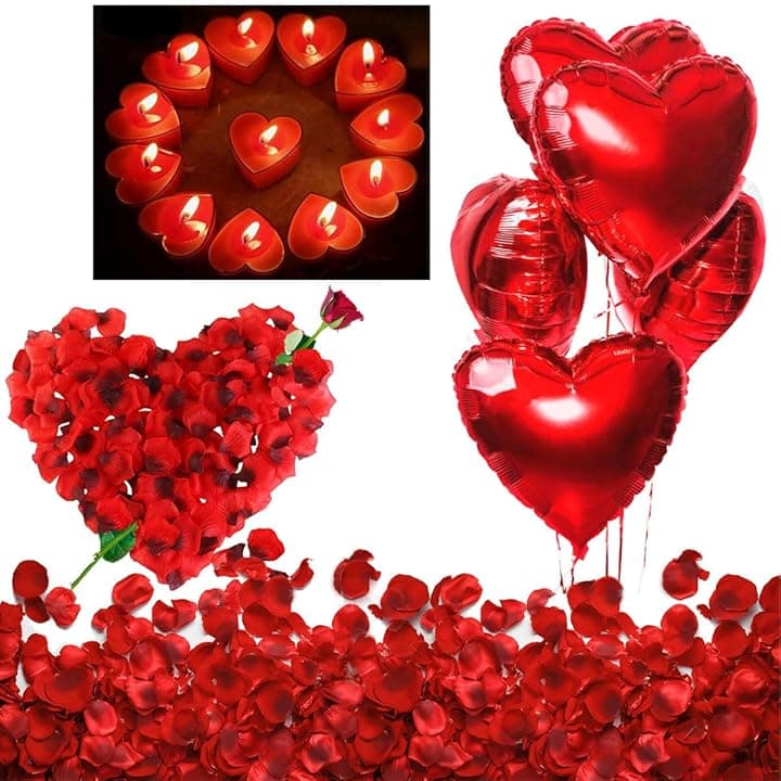 Kit Romantico di 50 Candeline a Forma di Cuore + 1000 Petali di Rosa di Seta + 5 Palloncini Rossi - Decorazioni per Matrimonio, San Valentino e Fidanzamento