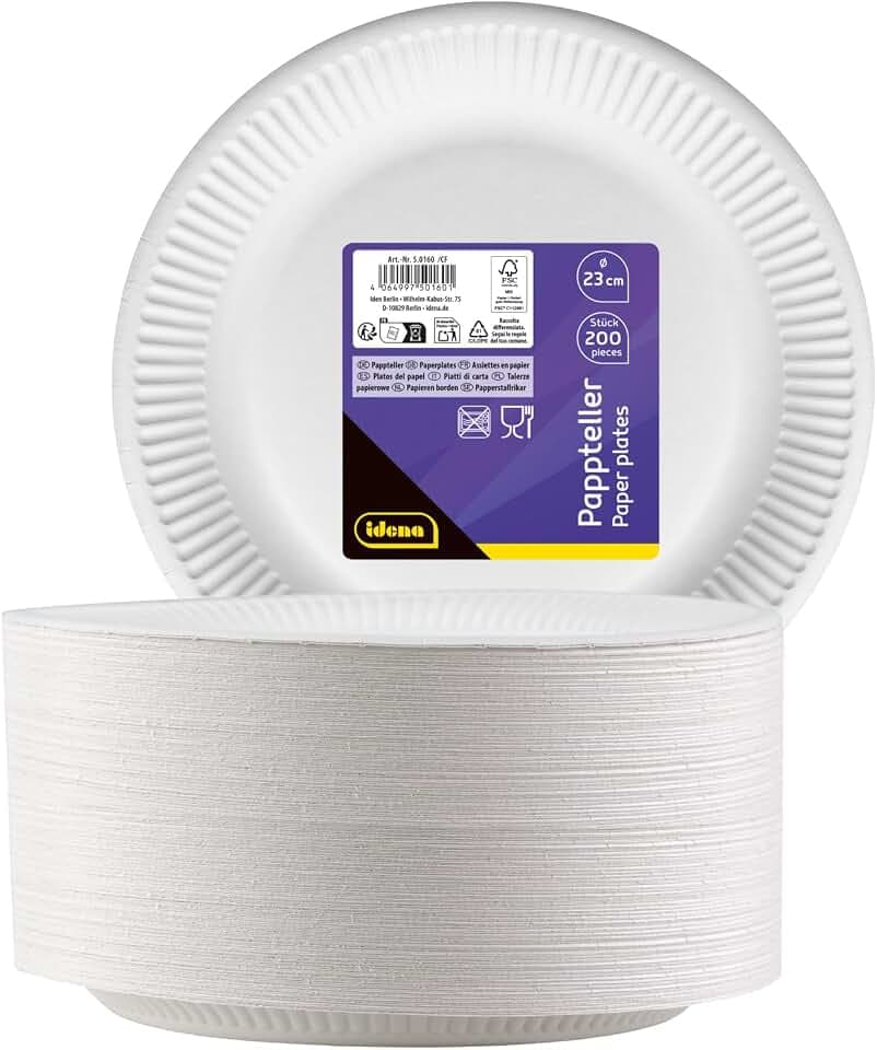 Idena 50160 - Piatto Party Bianco, 200 Pezzi,⌀ 23 cm, Certificato FSC, Piatto di Carta 100% compostabile, per Feste, Barbecue e Picnic