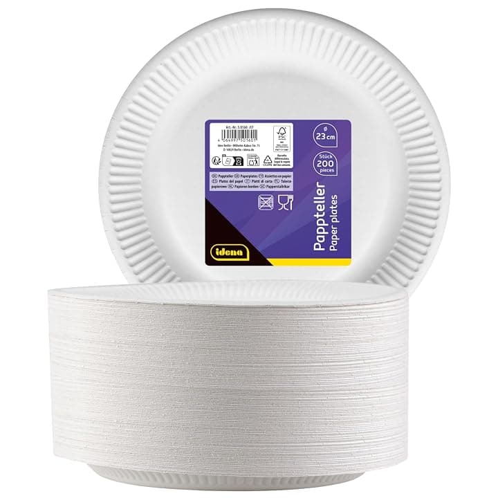 Idena 50160 - Piatto Party Bianco, 200 Pezzi,⌀ 23 cm, Certificato FSC, Piatto di Carta 100% compostabile, per Feste, Barbecue e Picnic