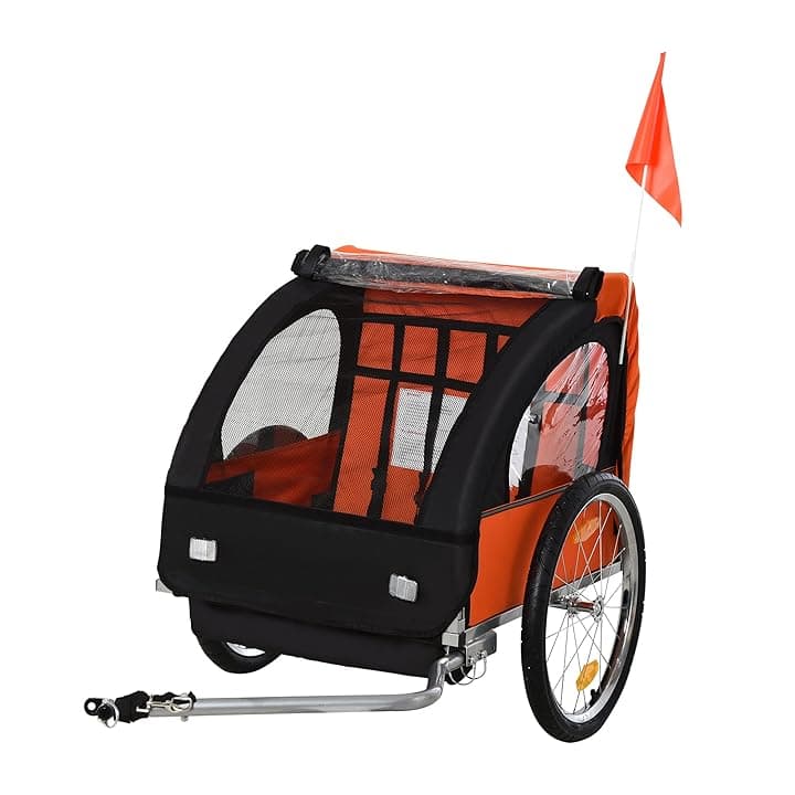 homcom Rimorchio Bici Bambini con 2 Posti, 2 Cinture di Sicurezza, Telaio in Acciaio e Copertura in Tessuto Oxford