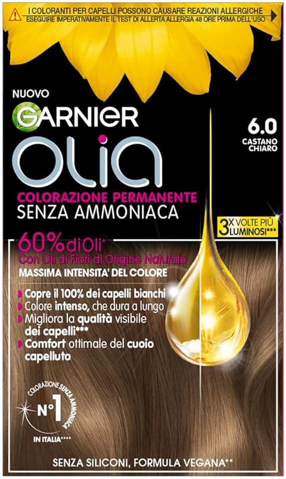 Garnier Olia Tinta Capelli Senza Ammoniaca, Copre il 100% dei Capelli Bianchi, Castano Chiaro