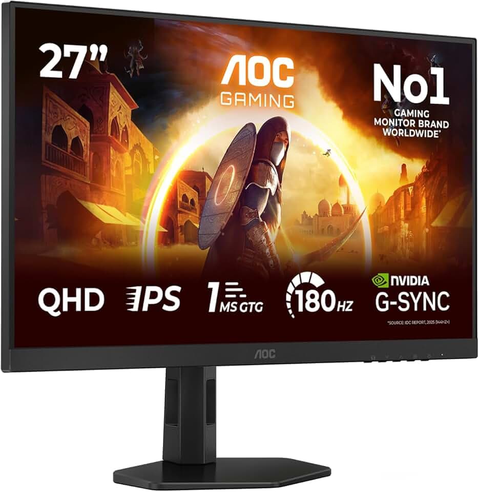 AOC Gaming Monitor Q27G4XD 27 pollici, 2560x1440, WQHD, 180Hz, Fast IPS Panel, 0.5ms MPRT, Height Adjustment, (HDMI2x 2.0 DP 1x 1.4) Adaptive Sync, HDR400, G-Sync Compatible, Nero
