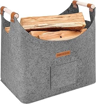 XL Legna da ardere cesto in feltro extra spesso e manico rinforzato | cesta per legna da interno | Cesto pieghevole in legno borsa in feltro come cesto per la spesa, giornali (Grigio colomba)