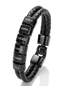 MYCLUSIV Bracciale da Uomo in Pelle con Incisione Personalizzata – Regalo per Papà – Bracciale Nero in Vera Pelle con Nome
