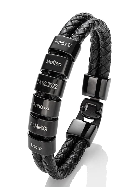MYCLUSIV Bracciale da Uomo in Pelle con Incisione Personalizzata – Regalo per Papà – Bracciale Nero in Vera Pelle con Nome
