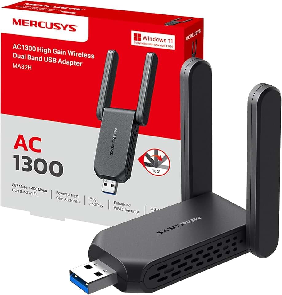 Mercusys TP-Link MA32H WiFi USB AC1300Mbps, Chiavetta WiFi per PC Fisso, 2 Antenne ad Alto Guadagno, Dual Band 5GHz/867Mbps + 2.4GHz/400Mbps, USB 3.0, MU-MIMO, WPA3, Supporta Windows 10/11, Plug&Play