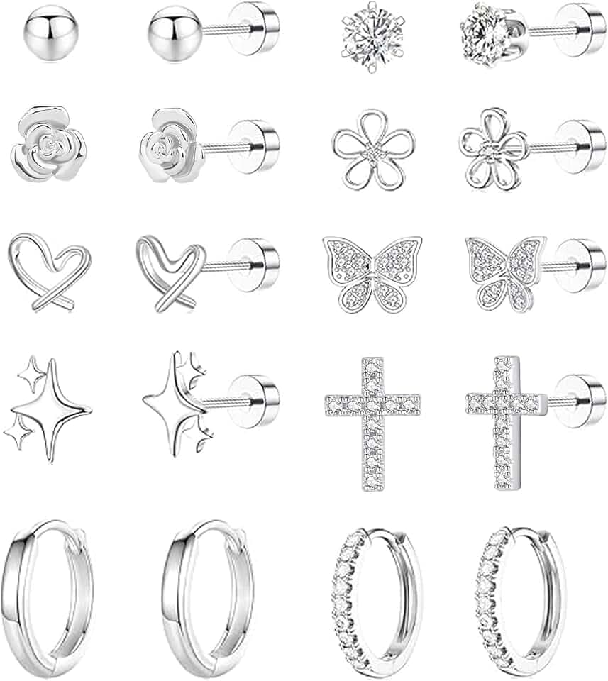 LOFITOR 10 Paia Orecchini Base Piatta Ipoallergenici, Acciaio Chirurgico 316L, Set Stud Huggie con CZ Fiore Croce, Regalo Gioiello a Vite per Donne Ragazze Bambine