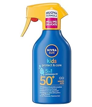 NIVEA SUN Kids Maxi Spray Protect & Care SPF 50+ 270 ml, Crema solare 50 bambini 3+ anni, Protezione solare 50 bambini spray extra resistente all'acqua e al sudore con Pantenolo, Vitamina C & E