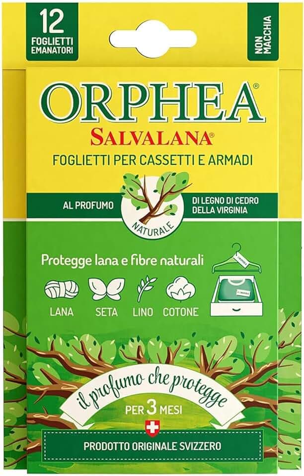 Orphea Salvalana Foglietti Per Cassetti E Armadi, Protegge Lana E Vestiti Tutta La Stagione, Profumo Di Cedro, 12 Foglietti Emanatori