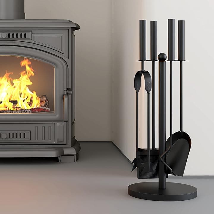 Kingson Set da 5 pezzi per caminetto, nero – Diametro 18x48 cm – Accessori per bruciatore di legna – Kit completo di strumenti per la manutenzione del caminetto