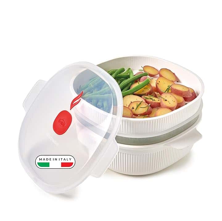 Snips - Vaporiera Microonde Bianca 4L con 2 Vassoi Sovrapponibili per Doppia Cottura a Vapore, Contenitori per Alimenti - Contenitore per Microonde, 26.5x22x13.5 cm, Made in Italy