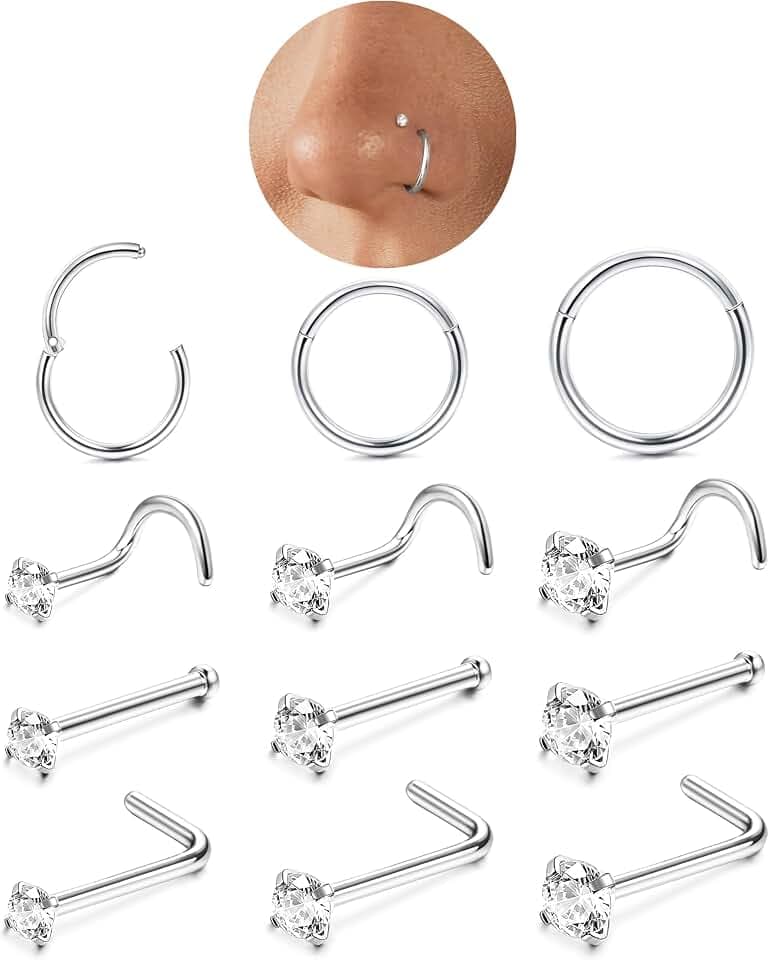 LOLIAS 12Pz Piercing Naso Oro Argento Piercing Naso Acciaio Chirurgico